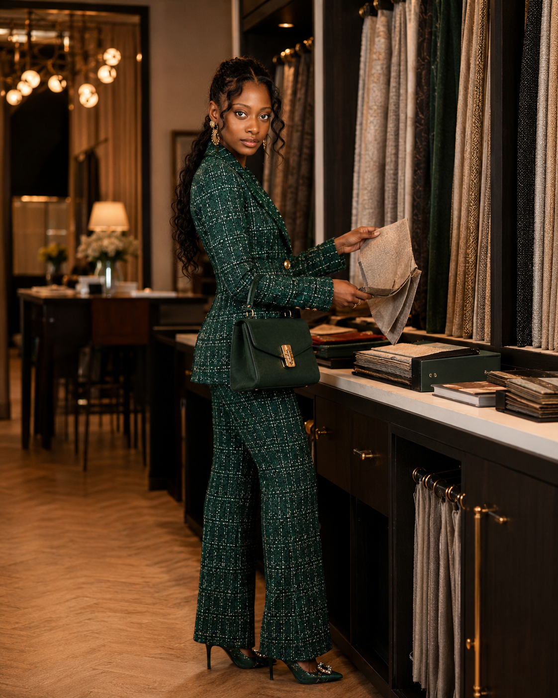 Interior designer selecting fabric samples in a design showroom